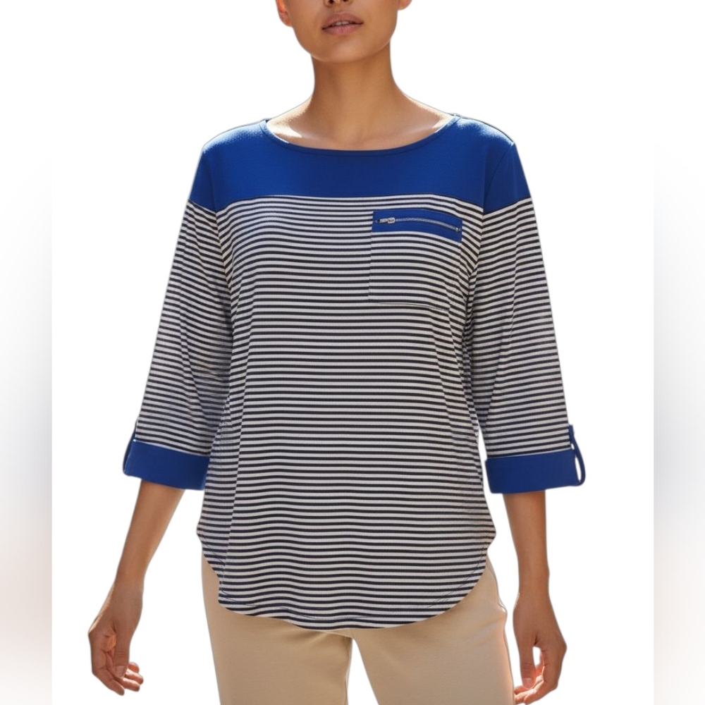 Ashley Blue Stripe Top. Large.